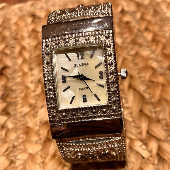 Geneva Silver Cuff Watch Women's Celtic Analog *New Battery* Dressy Bracelet - Picture 2 of 10